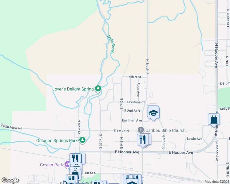 map of restaurants, bars, coffee shops, grocery stores, and more near 350 Monsanto Boulevard in Soda Springs