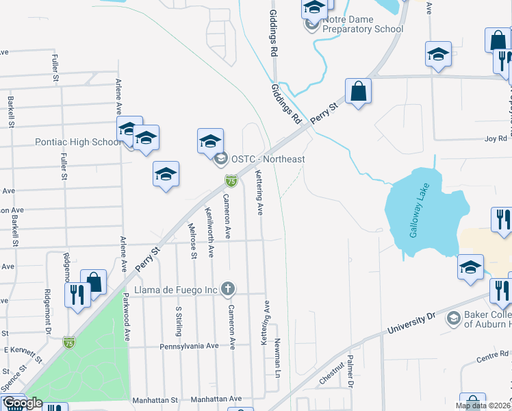 map of restaurants, bars, coffee shops, grocery stores, and more near 953 Kettering Avenue in Pontiac