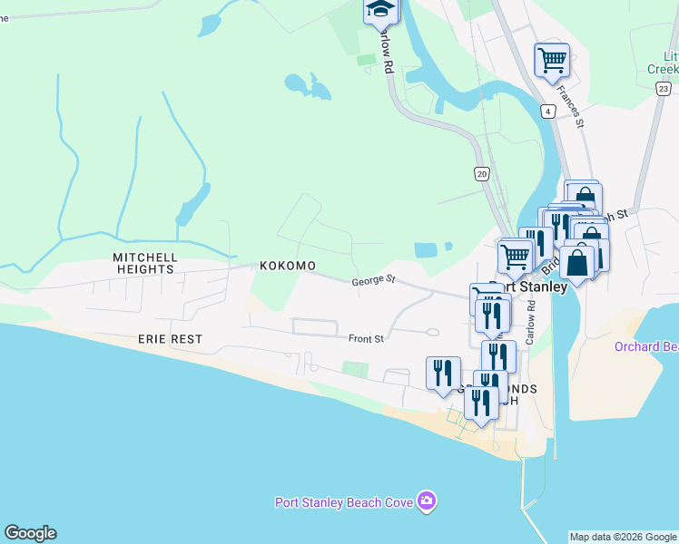 map of restaurants, bars, coffee shops, grocery stores, and more near 423 George Street in Port Stanley