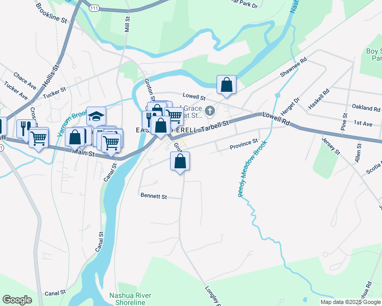 map of restaurants, bars, coffee shops, grocery stores, and more near 68 Groton Street in Pepperell