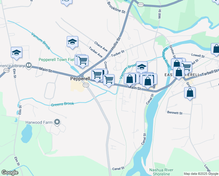 map of restaurants, bars, coffee shops, grocery stores, and more near 73-79 Main Street in Pepperell