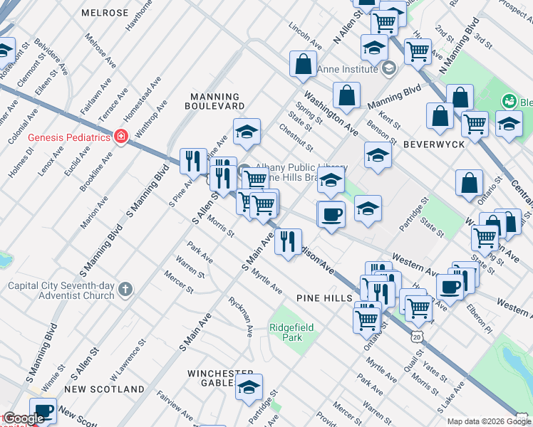 map of restaurants, bars, coffee shops, grocery stores, and more near in Albany