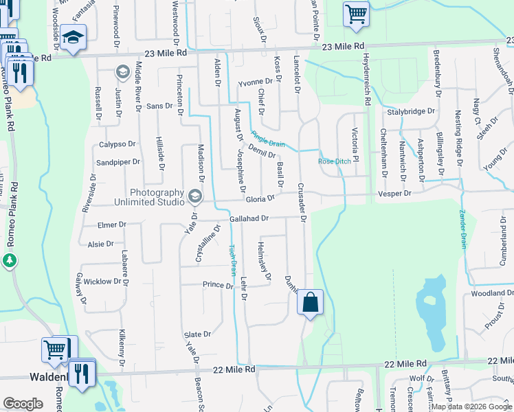 map of restaurants, bars, coffee shops, grocery stores, and more near 19868 Gallahad Drive in Macomb