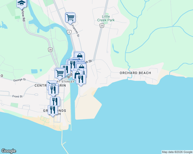 map of restaurants, bars, coffee shops, grocery stores, and more near 241 Edward Street in Port Stanley