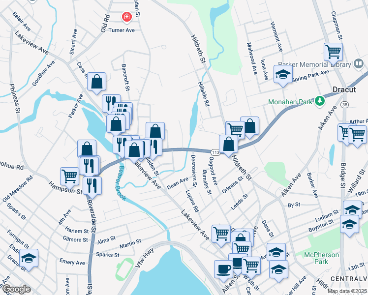 map of restaurants, bars, coffee shops, grocery stores, and more near in Dracut