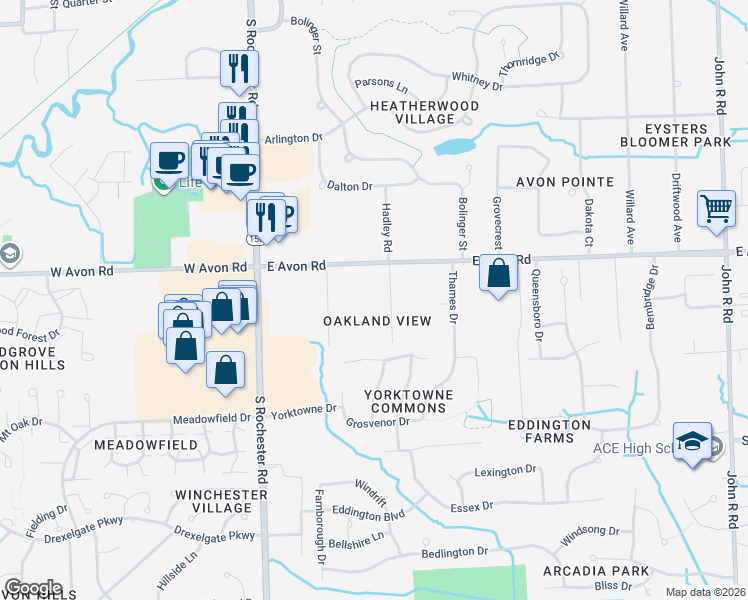 map of restaurants, bars, coffee shops, grocery stores, and more near 1110 Princeton Avenue in Rochester Hills