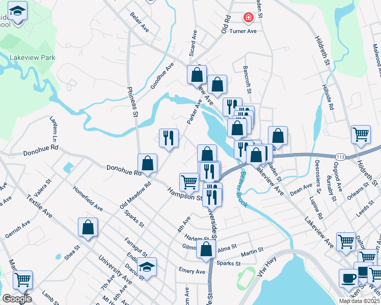 map of restaurants, bars, coffee shops, grocery stores, and more near 66 School Street in Dracut