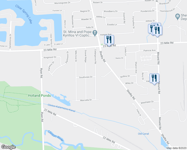 map of restaurants, bars, coffee shops, grocery stores, and more near 50511 Cedargrove Road in Shelby charter Township
