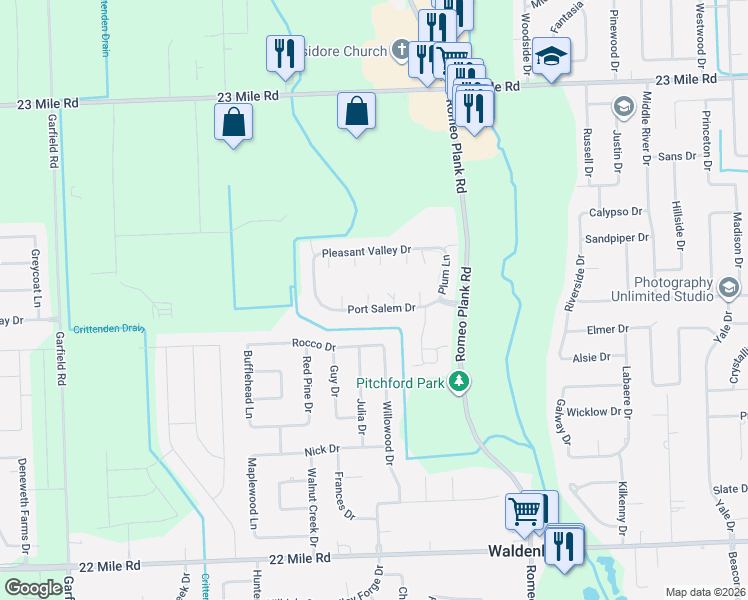 map of restaurants, bars, coffee shops, grocery stores, and more near 50181 Wheaton Court in Macomb