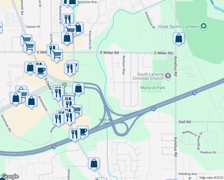 map of restaurants, bars, coffee shops, grocery stores, and more near 6334 Beechfield Drive in Lansing