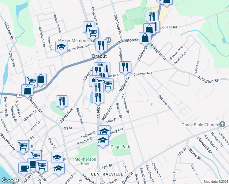map of restaurants, bars, coffee shops, grocery stores, and more near 45 Emerson Avenue in Lowell