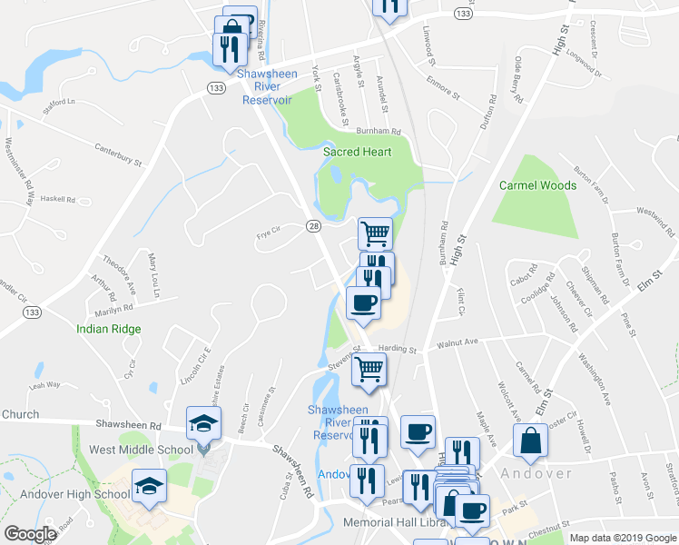 map of restaurants, bars, coffee shops, grocery stores, and more near 217 North Main Street in Andover
