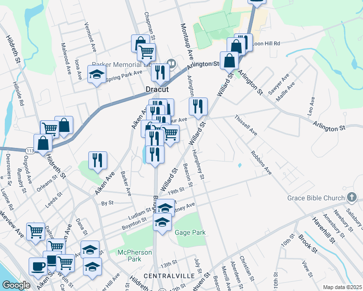 map of restaurants, bars, coffee shops, grocery stores, and more near 45 Emerson Avenue in Lowell