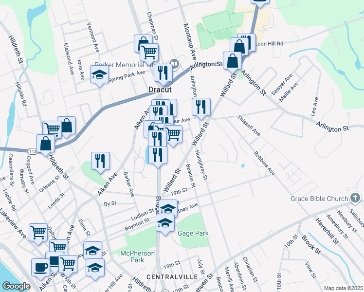 map of restaurants, bars, coffee shops, grocery stores, and more near 45 Emerson Avenue in Lowell