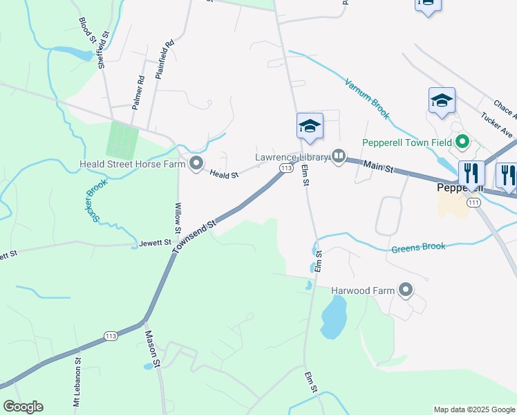 map of restaurants, bars, coffee shops, grocery stores, and more near 23 Townsend Street in Pepperell