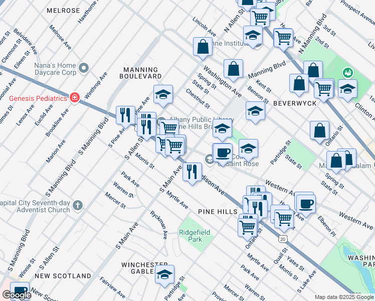 map of restaurants, bars, coffee shops, grocery stores, and more near in Albany