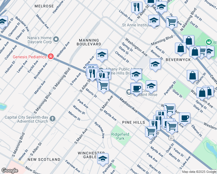 map of restaurants, bars, coffee shops, grocery stores, and more near 485 Western Avenue in Albany