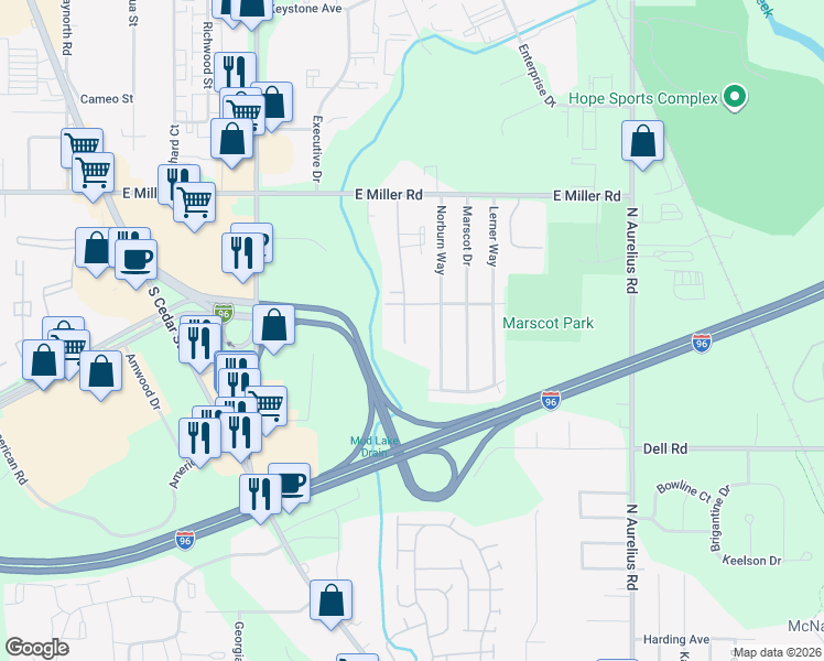 map of restaurants, bars, coffee shops, grocery stores, and more near 6256 Beechfield Drive in Lansing