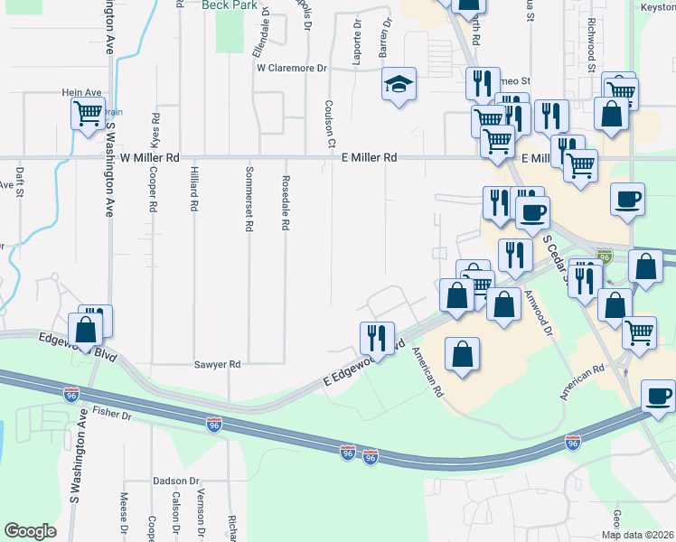 map of restaurants, bars, coffee shops, grocery stores, and more near 6271 Coulson Court in Lansing