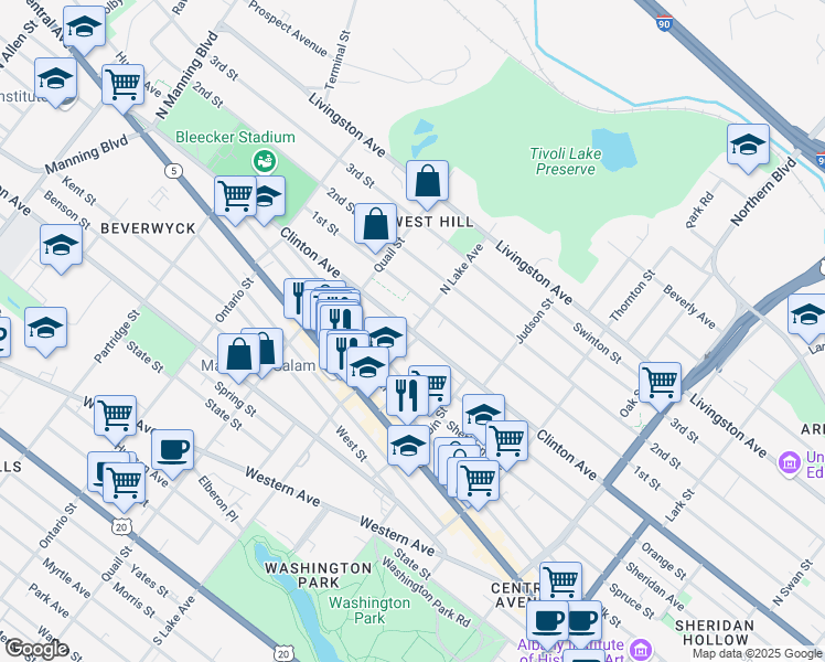 map of restaurants, bars, coffee shops, grocery stores, and more near Clinton Avenue & North Lake Avenue in Albany
