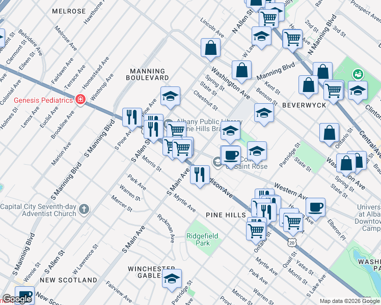 map of restaurants, bars, coffee shops, grocery stores, and more near 488 Western Ave in Albany