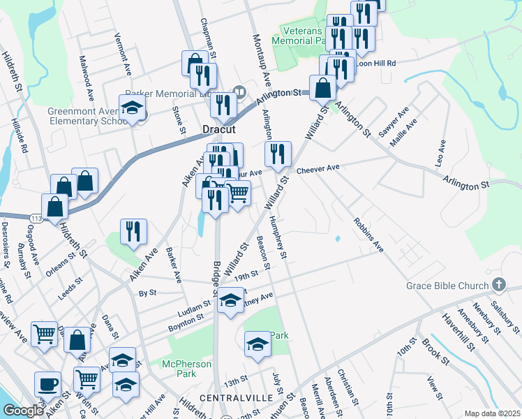 map of restaurants, bars, coffee shops, grocery stores, and more near 148 Willard Street in Lowell