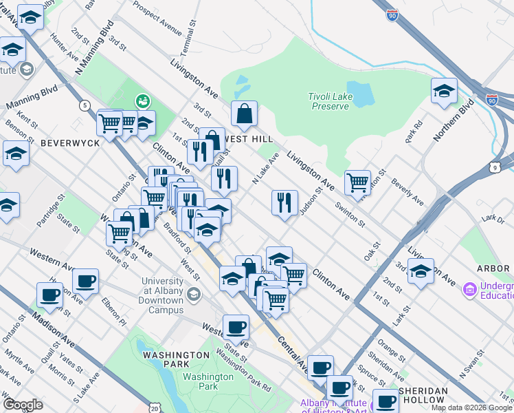 map of restaurants, bars, coffee shops, grocery stores, and more near 167 North Lake Avenue in Albany