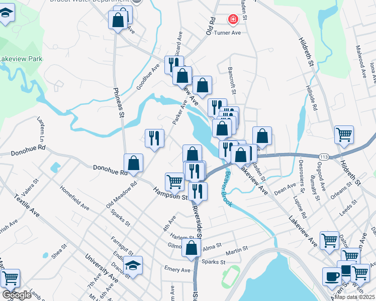 map of restaurants, bars, coffee shops, grocery stores, and more near 55 School Street in Dracut