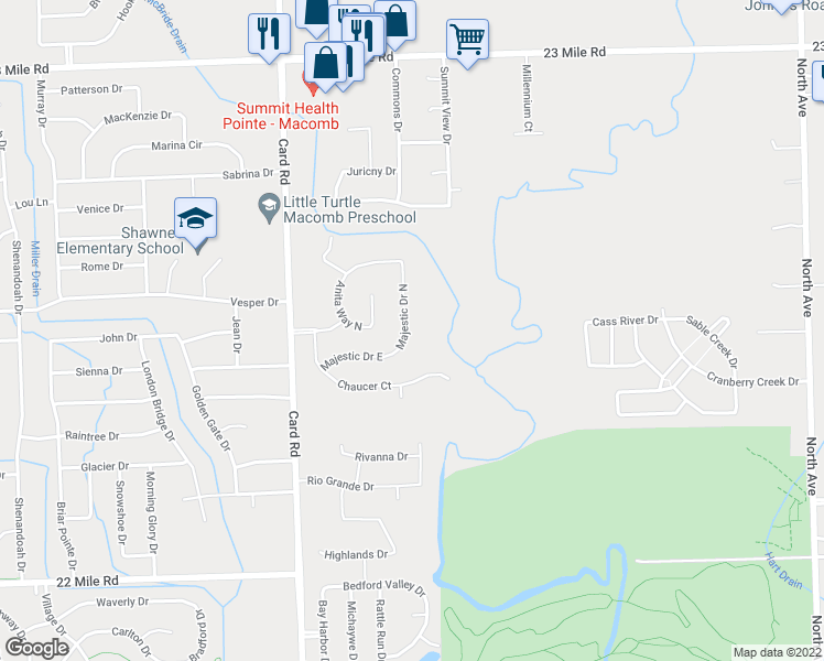 map of restaurants, bars, coffee shops, grocery stores, and more near 50052 Colony Court in Macomb