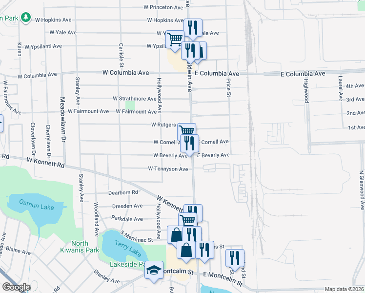 map of restaurants, bars, coffee shops, grocery stores, and more near 24 West Cornell Avenue in Pontiac