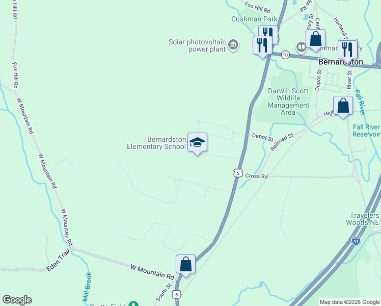 map of restaurants, bars, coffee shops, grocery stores, and more near 37 School Road in Bernardston