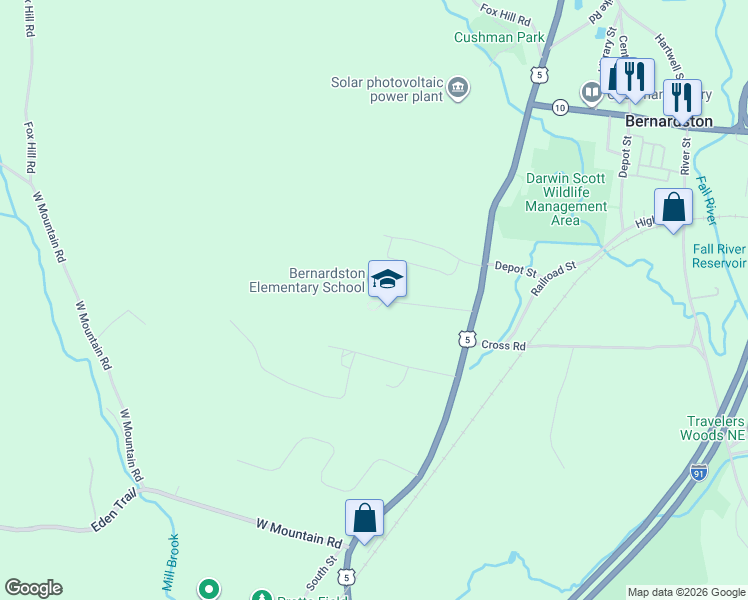 map of restaurants, bars, coffee shops, grocery stores, and more near 37 School Road in Bernardston
