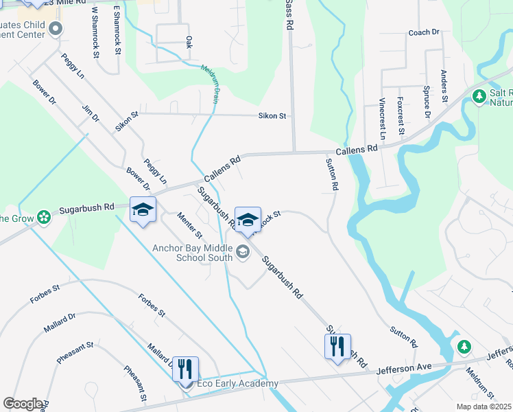 map of restaurants, bars, coffee shops, grocery stores, and more near 48746 Callens Road in New Baltimore