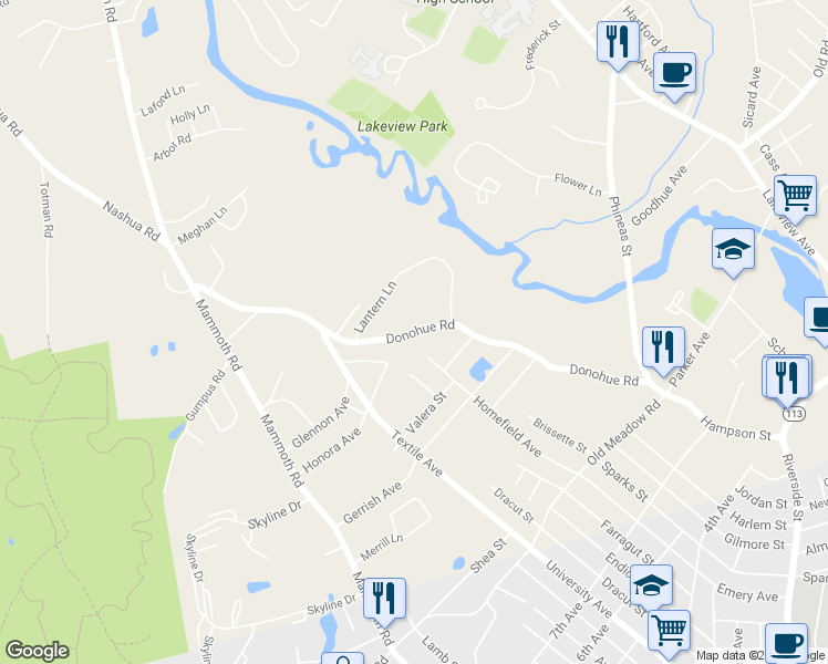 map of restaurants, bars, coffee shops, grocery stores, and more near 207 Donohue Road in Dracut