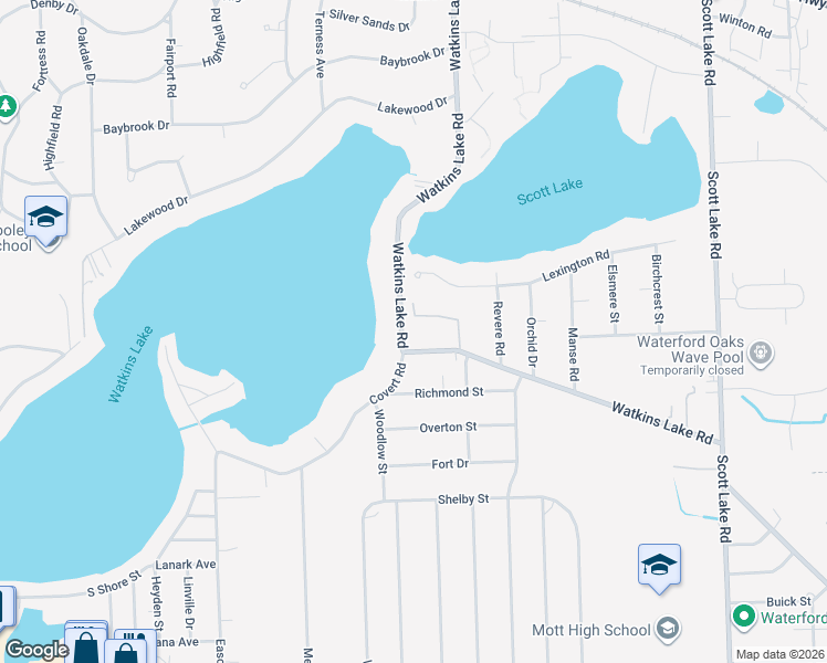 map of restaurants, bars, coffee shops, grocery stores, and more near 1869 Watkins Lake Road in Waterford Township