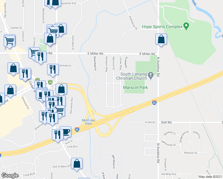 map of restaurants, bars, coffee shops, grocery stores, and more near 6318 Marscot Dr in Lansing Charter Township