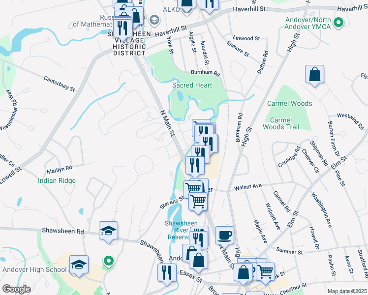 map of restaurants, bars, coffee shops, grocery stores, and more near 217 North Main Street in Andover