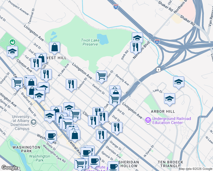 map of restaurants, bars, coffee shops, grocery stores, and more near 58 Thornton Street in Albany