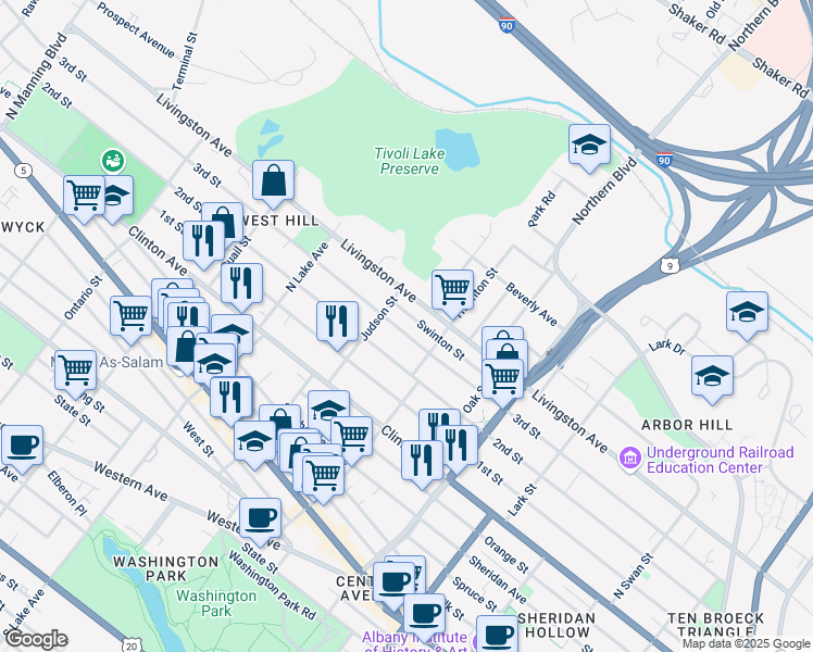 map of restaurants, bars, coffee shops, grocery stores, and more near 61 Judson Street in Albany