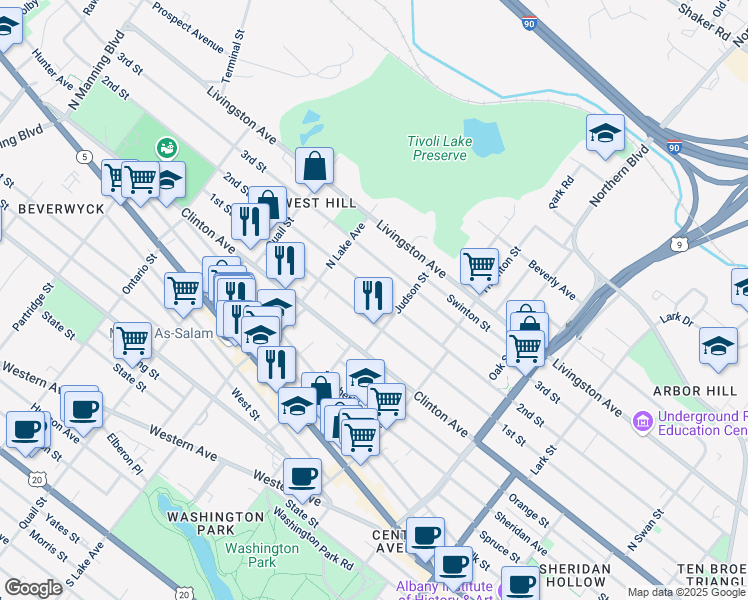 map of restaurants, bars, coffee shops, grocery stores, and more near 344 3rd Street in Albany
