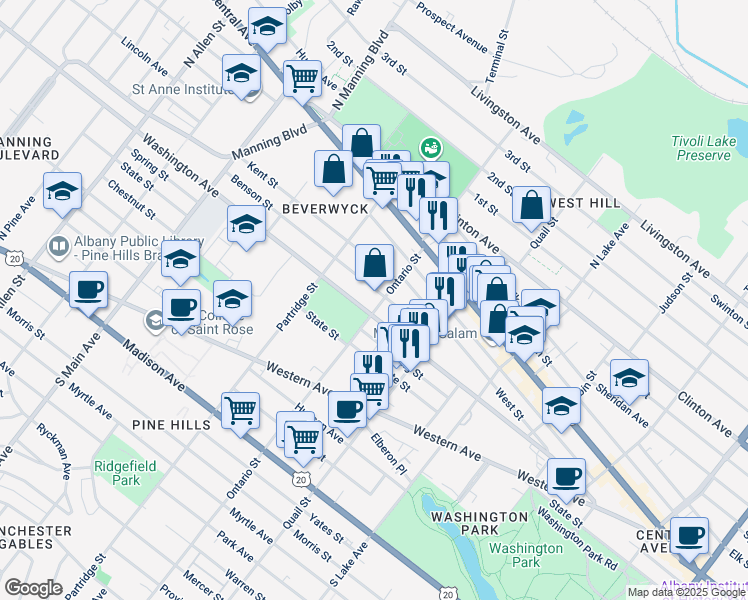 map of restaurants, bars, coffee shops, grocery stores, and more near 59 Benson Street in Albany