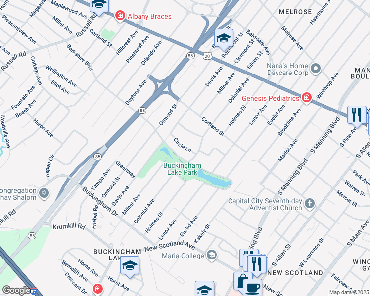 map of restaurants, bars, coffee shops, grocery stores, and more near 9 Circle Lane in Albany