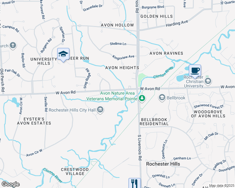 map of restaurants, bars, coffee shops, grocery stores, and more near 1115 West Avon Road in Rochester Hills