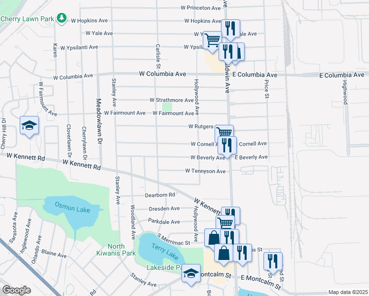 map of restaurants, bars, coffee shops, grocery stores, and more near 102 West Cornell Avenue in Pontiac