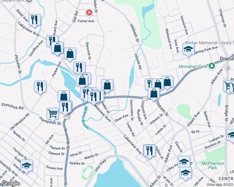 map of restaurants, bars, coffee shops, grocery stores, and more near 28 Swain Street in Dracut