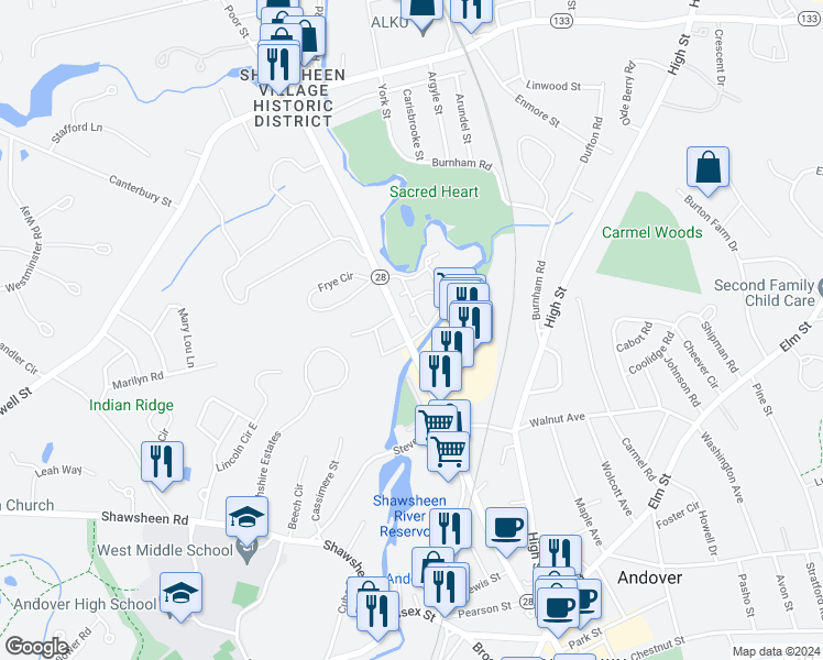 map of restaurants, bars, coffee shops, grocery stores, and more near 217 North Main Street in Andover