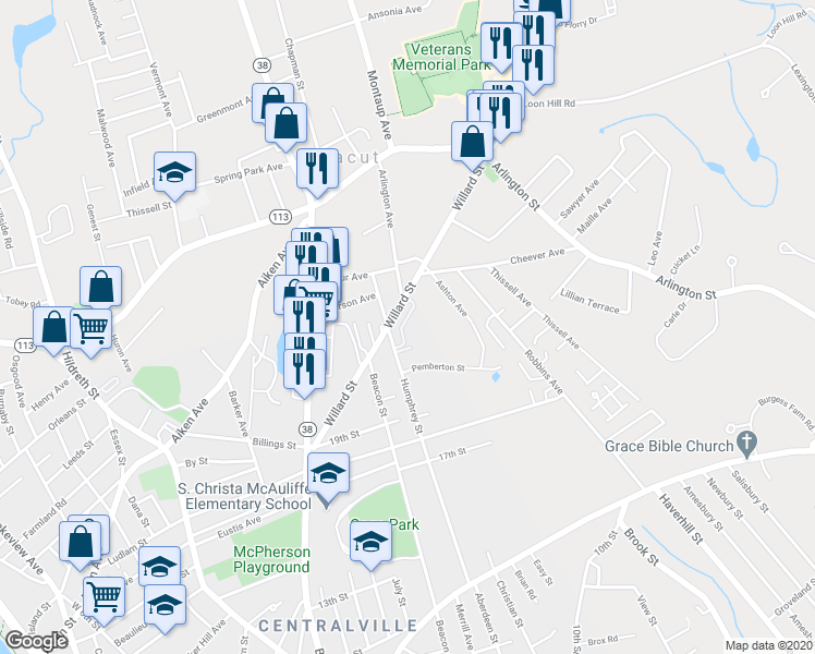 map of restaurants, bars, coffee shops, grocery stores, and more near 271 Humphrey Street in Lowell