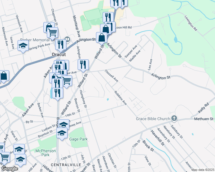 map of restaurants, bars, coffee shops, grocery stores, and more near 700 Robbins Avenue in Dracut
