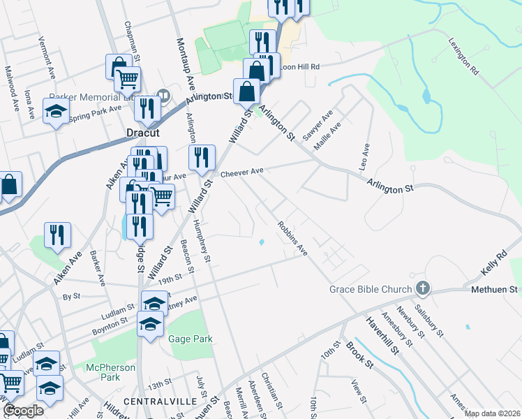 map of restaurants, bars, coffee shops, grocery stores, and more near 700 Robbins Avenue in Dracut