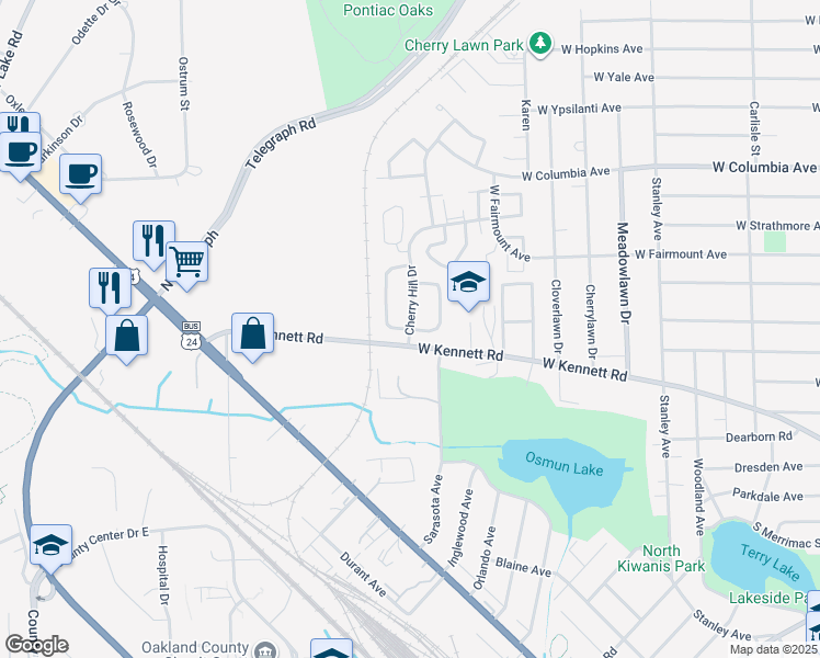 map of restaurants, bars, coffee shops, grocery stores, and more near 2 Candlelite Lane in Pontiac